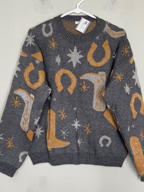 Sunday Up Western Cowgirl Sweater Women's M Gray Pullover Knit Oversized